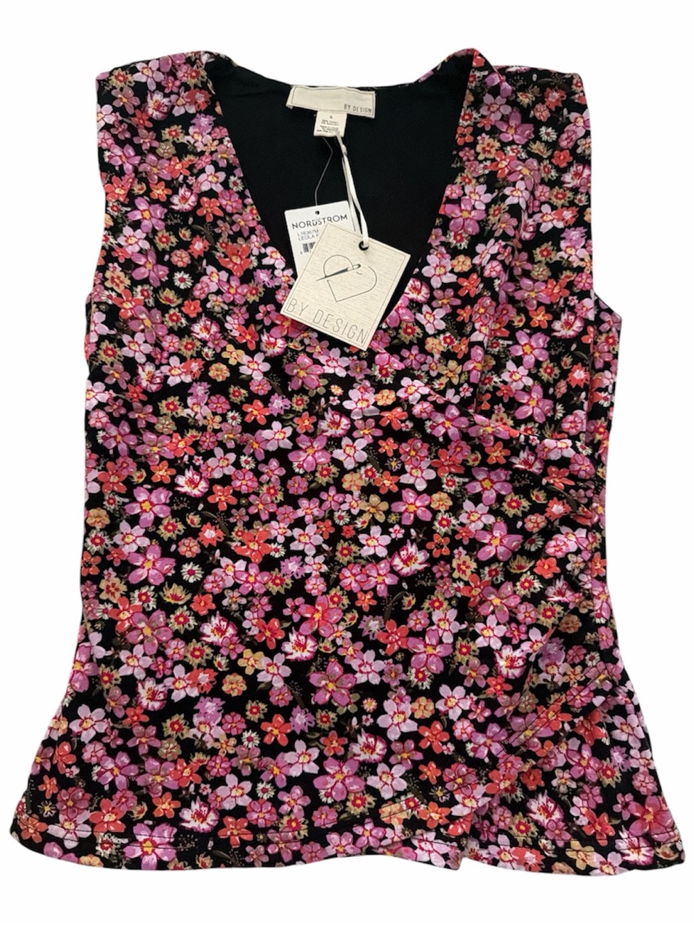 Women's Black Floral V-Neck Sleeveless Top - Pink Multi